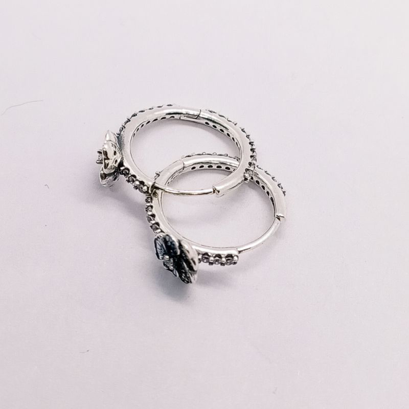 ALE S925  Silver Pandora Blue Pansy Flower Hoop Earrings With Gift BAG