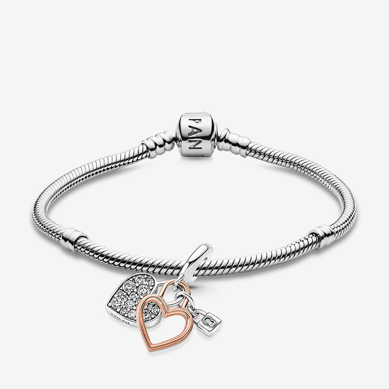 Pandra  Double heart lock composite Bracelet Gift bag