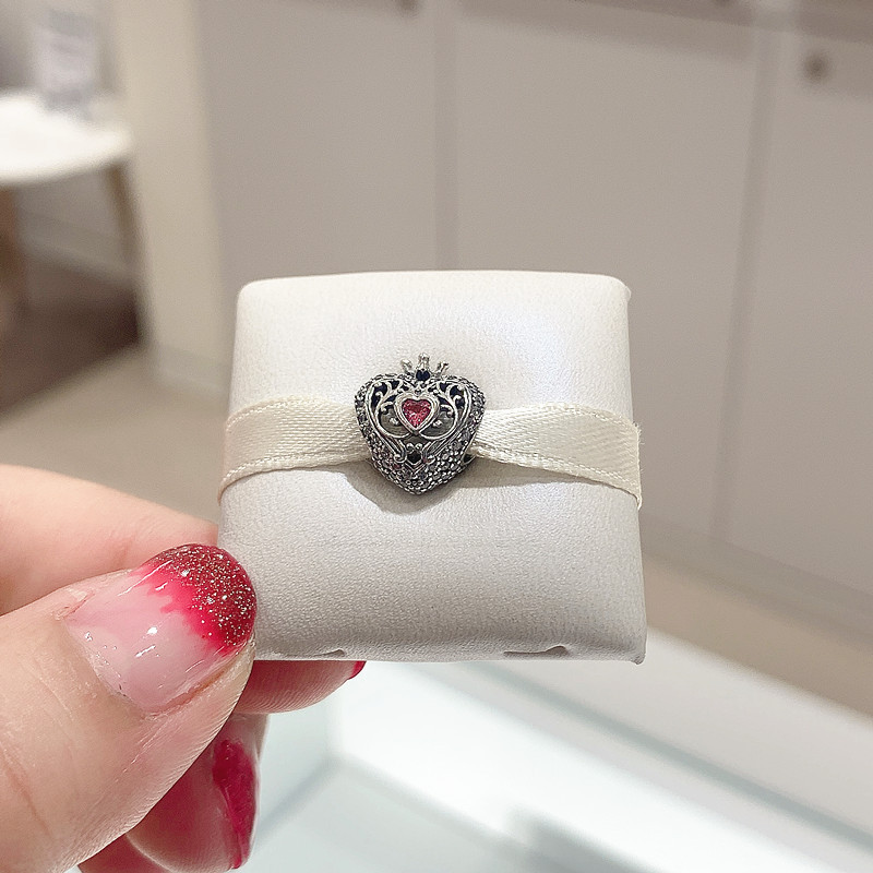 PANDORA 925 Silver Regal Crown & Pink Heart Charm