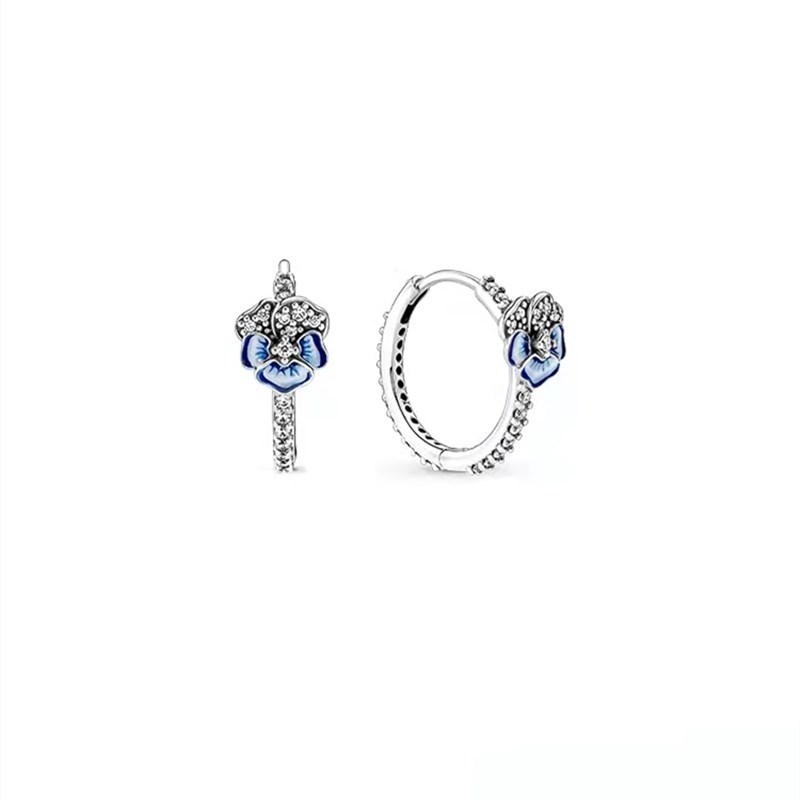 ALE S925  Silver Pandora Blue Pansy Flower Hoop Earrings With Gift BAG