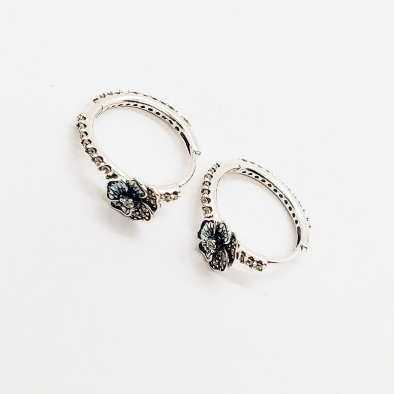 ALE S925  Silver Pandora Blue Pansy Flower Hoop Earrings With Gift BAG