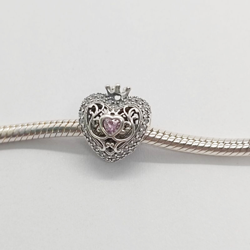 PANDORA 925 Silver Regal Crown & Pink Heart Charm