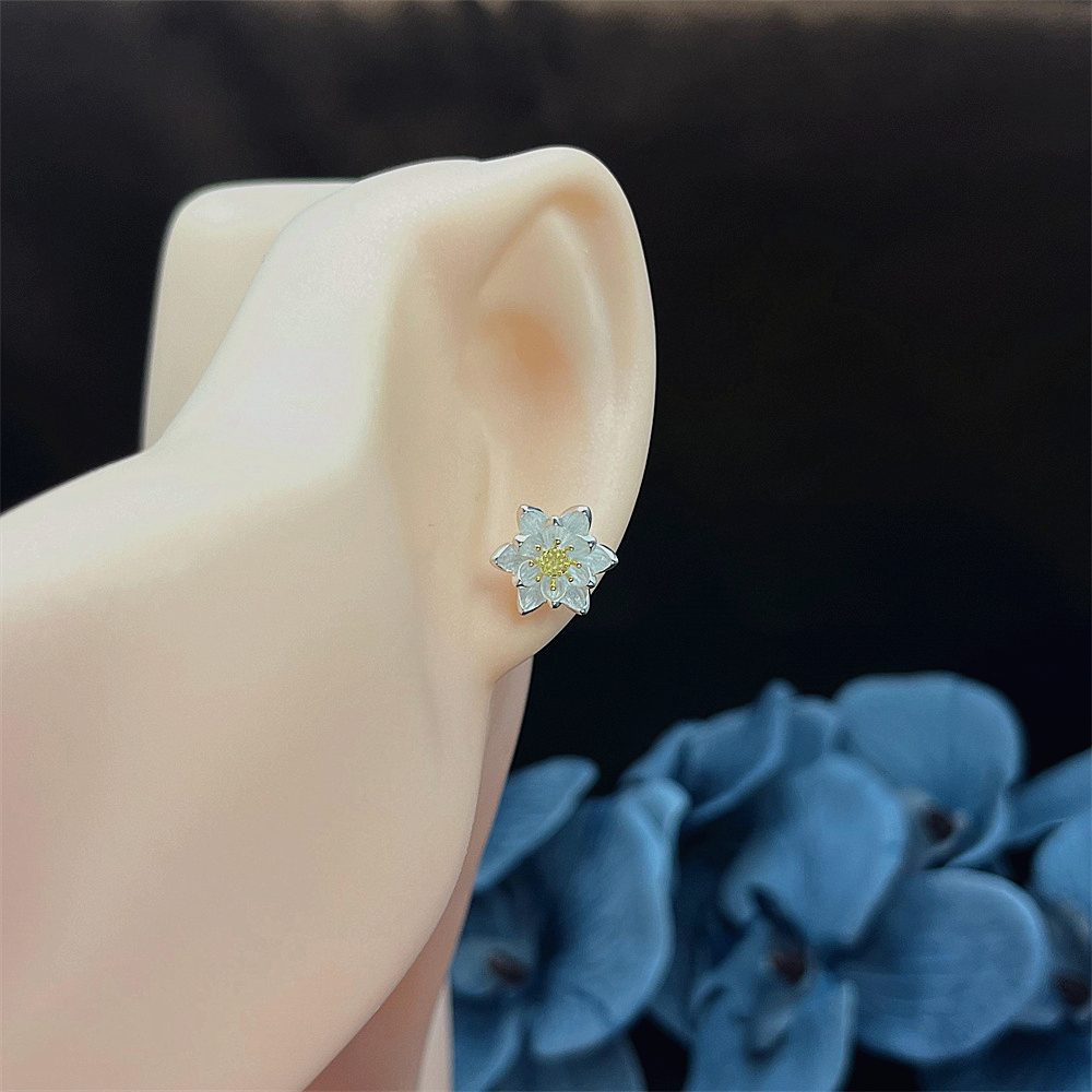 Sterling Silver Lotus Flower Stud Earrings with Gold Plating – Delicate Water Lily Blossom Jewelry