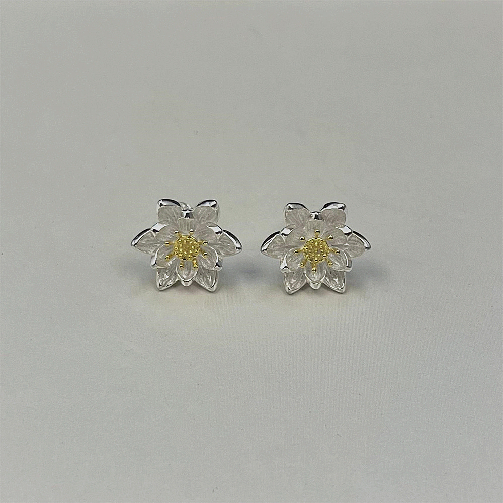 Sterling Silver Lotus Flower Stud Earrings with Gold Plating – Delicate Water Lily Blossom Jewelry