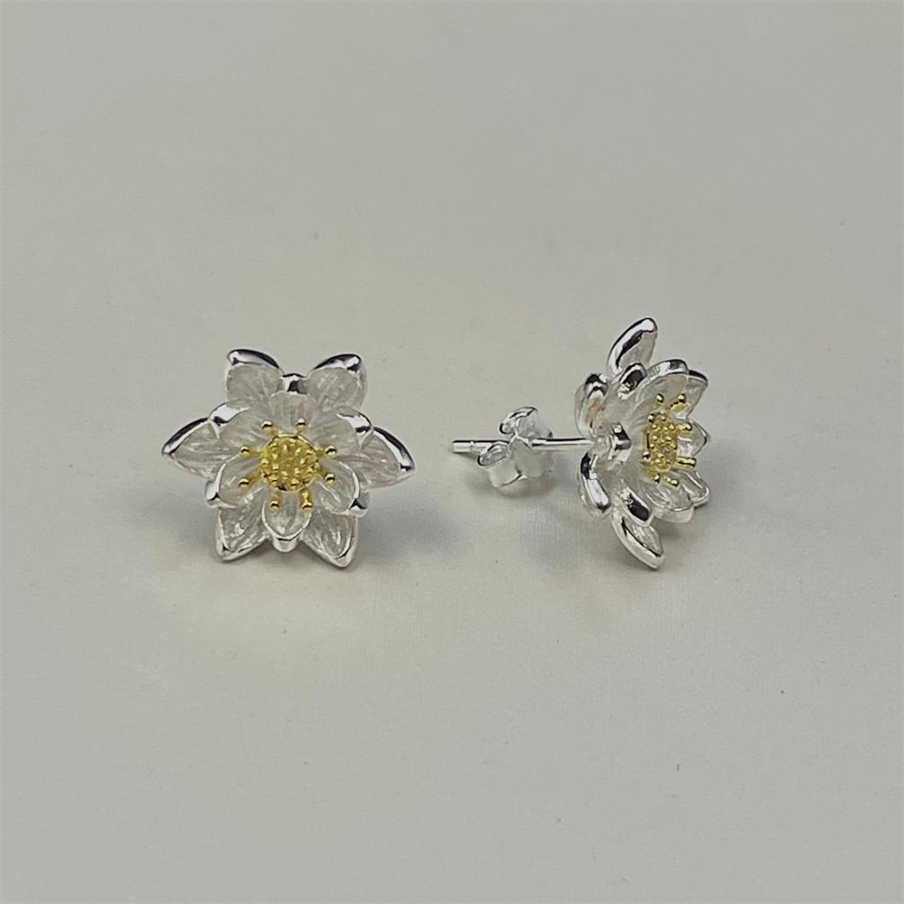 Sterling Silver Lotus Flower Stud Earrings with Gold Plating – Delicate Water Lily Blossom Jewelry