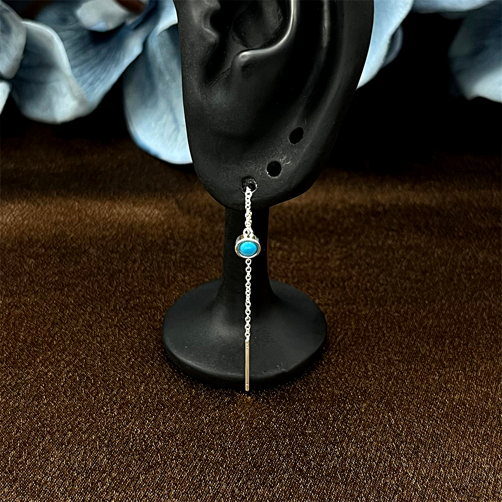 Blue Opal Threader Earrings in Sterling Silver, Lab-Created Opal Chain Earrings, Available in Silver, Dainty Opal Threaders
