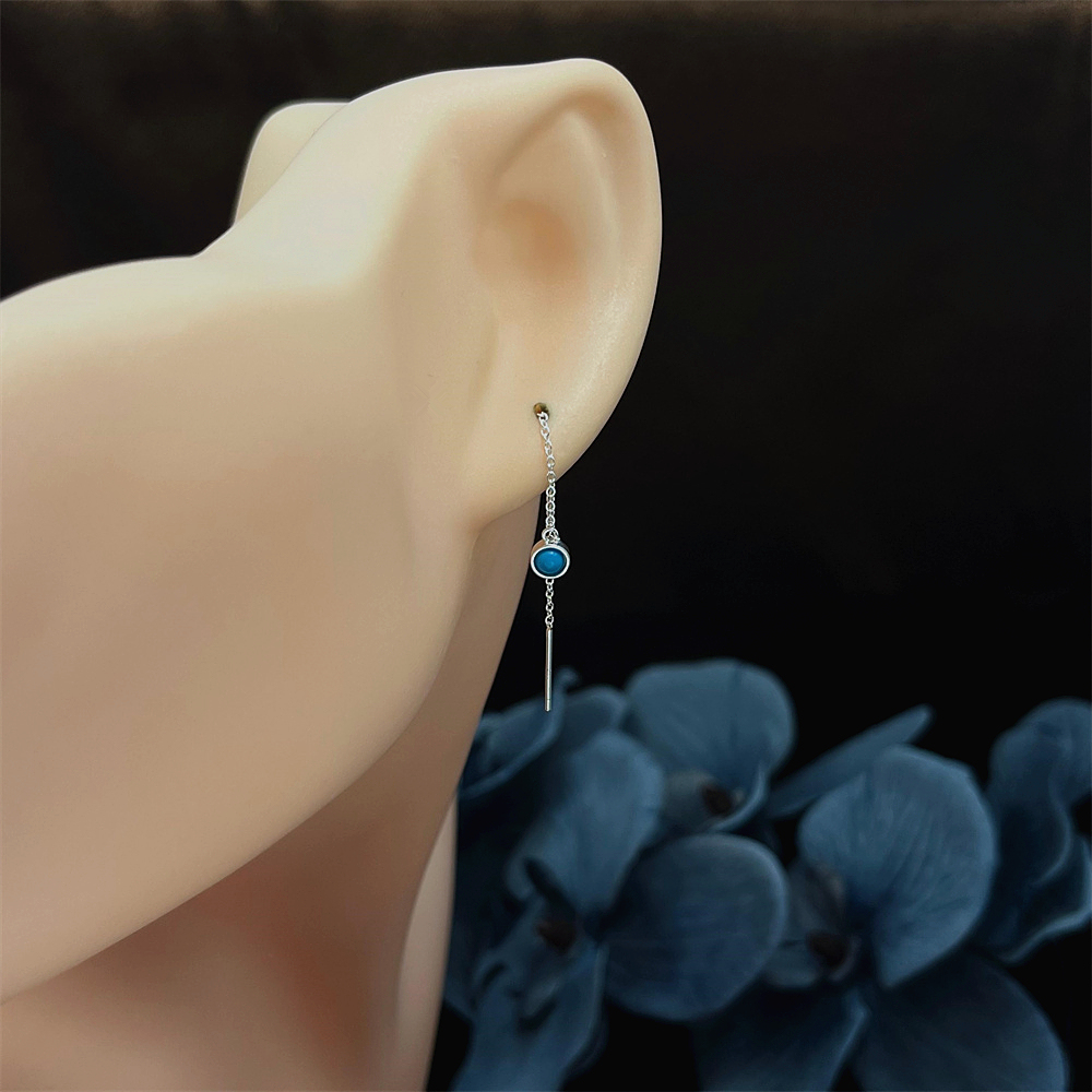 Blue Opal Threader Earrings in Sterling Silver, Lab-Created Opal Chain Earrings, Available in Silver, Dainty Opal Threaders