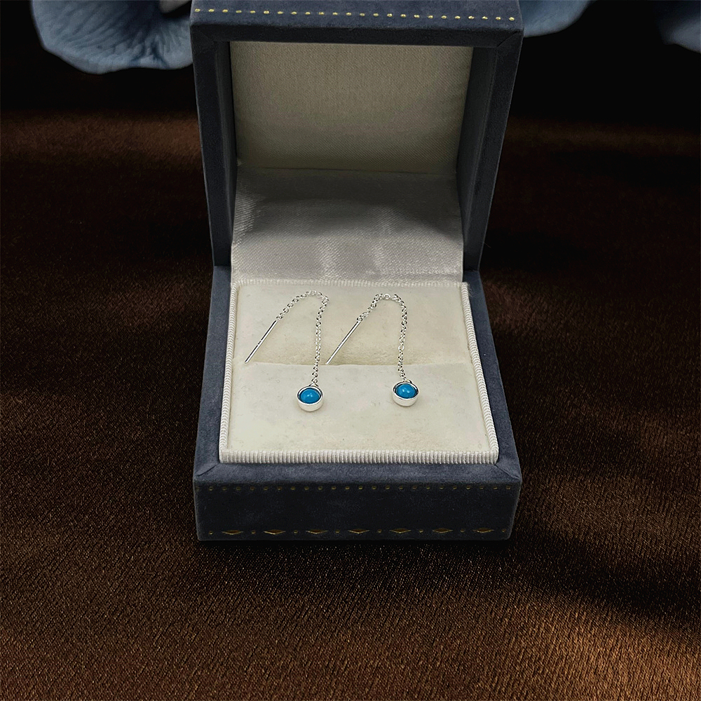 Blue Opal Threader Earrings in Sterling Silver, Lab-Created Opal Chain Earrings, Available in Silver, Dainty Opal Threaders