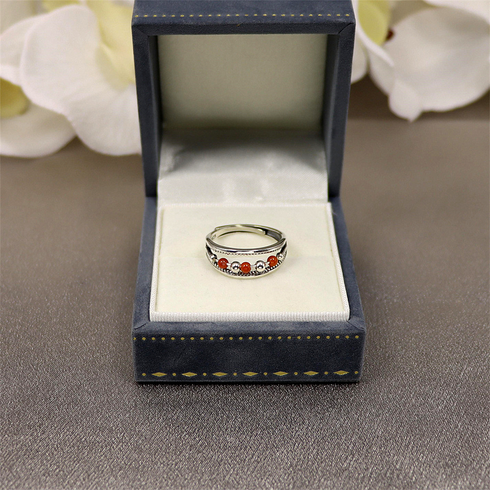 S925 Sterling Silver Minimalist Adjustable Ring with Red Agate Bead Accents