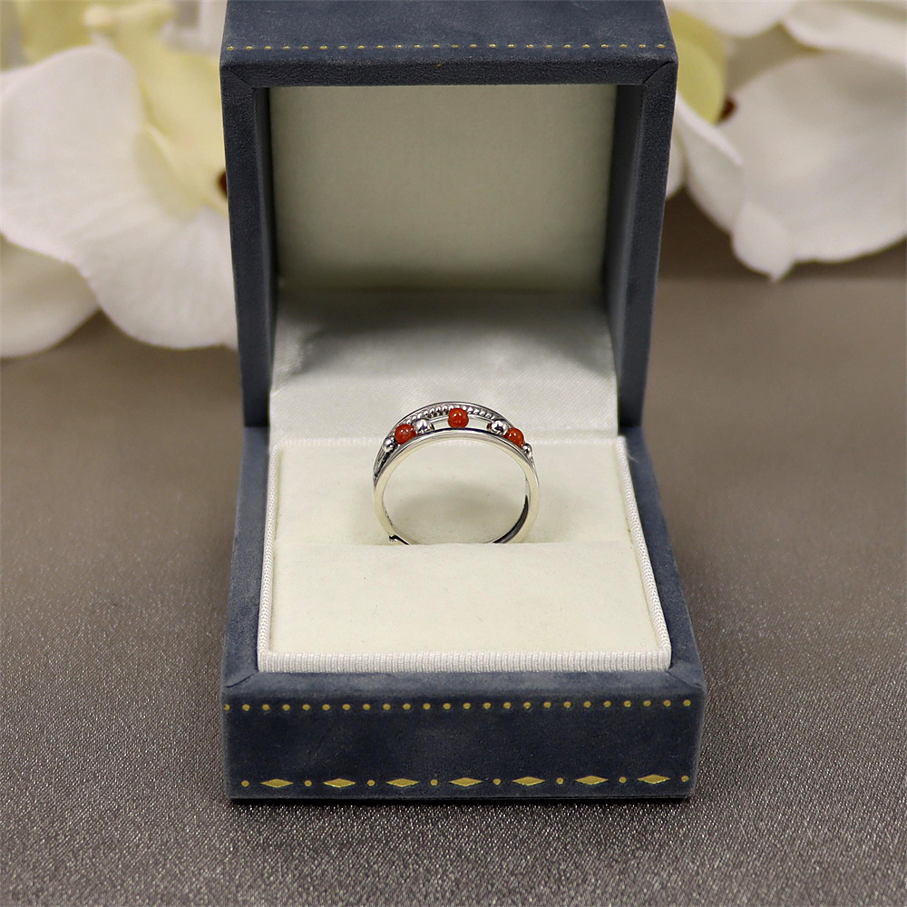 S925 Sterling Silver Minimalist Adjustable Ring with Red Agate Bead Accents