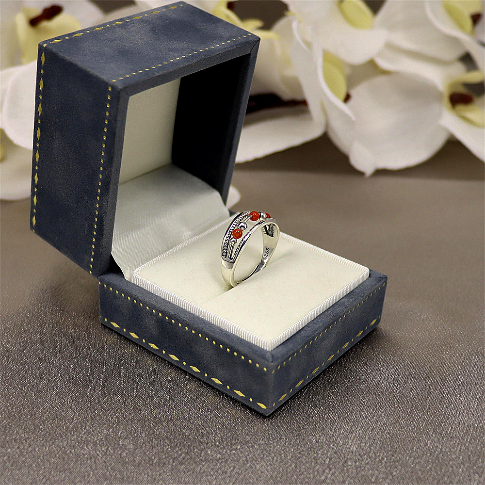 S925 Sterling Silver Minimalist Adjustable Ring with Red Agate Bead Accents