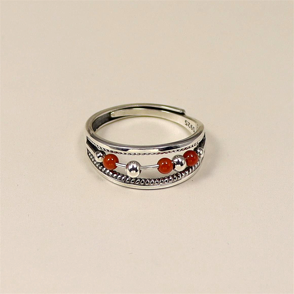 S925 Sterling Silver Minimalist Adjustable Ring with Red Agate Bead Accents