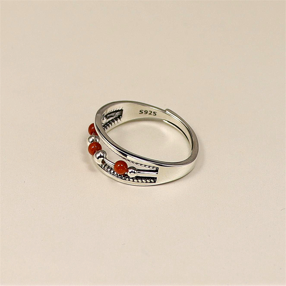 S925 Sterling Silver Minimalist Adjustable Ring with Red Agate Bead Accents