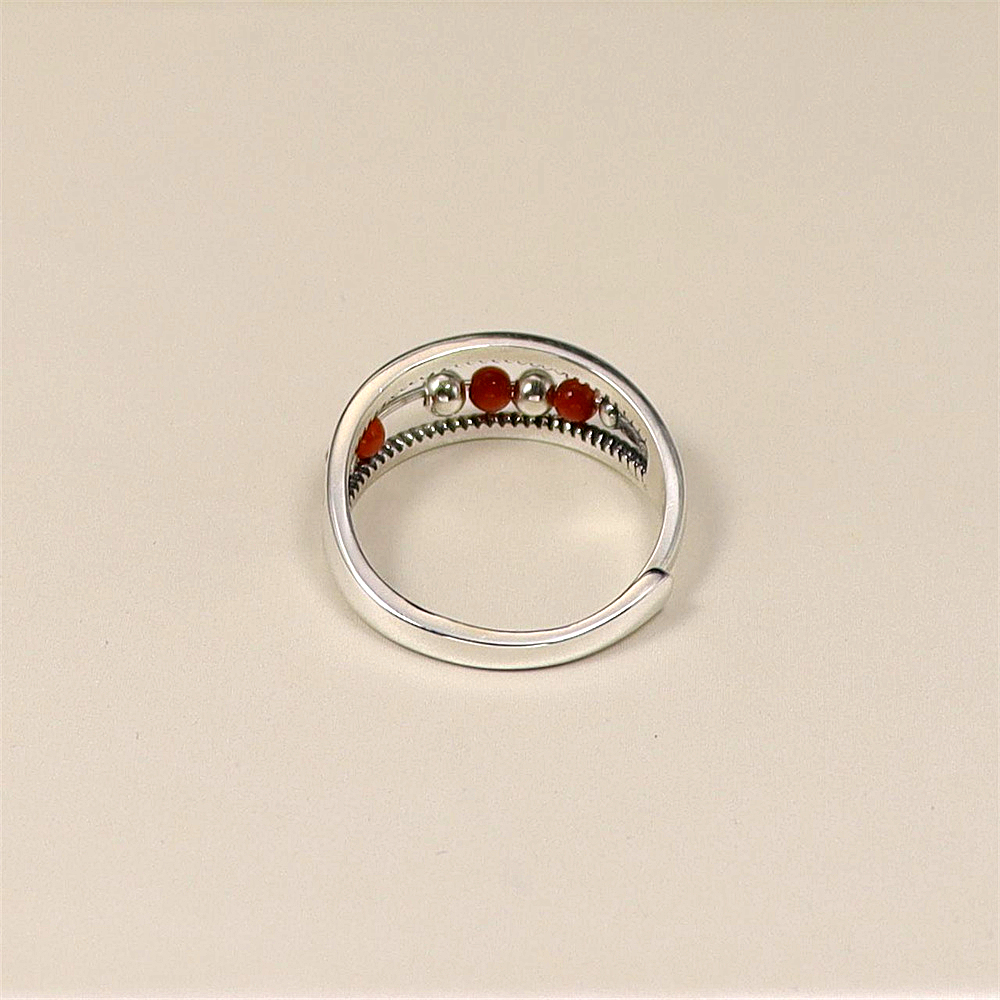 S925 Sterling Silver Minimalist Adjustable Ring with Red Agate Bead Accents
