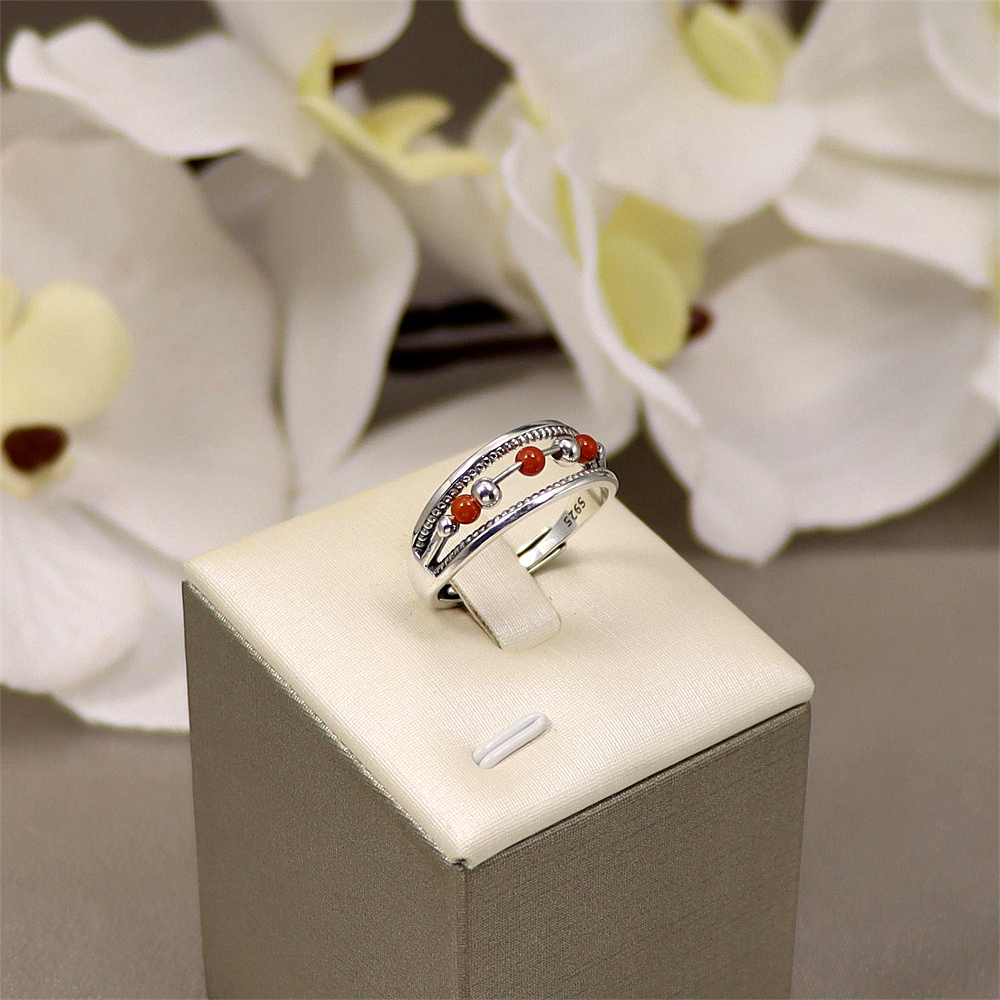 S925 Sterling Silver Minimalist Adjustable Ring with Red Agate Bead Accents