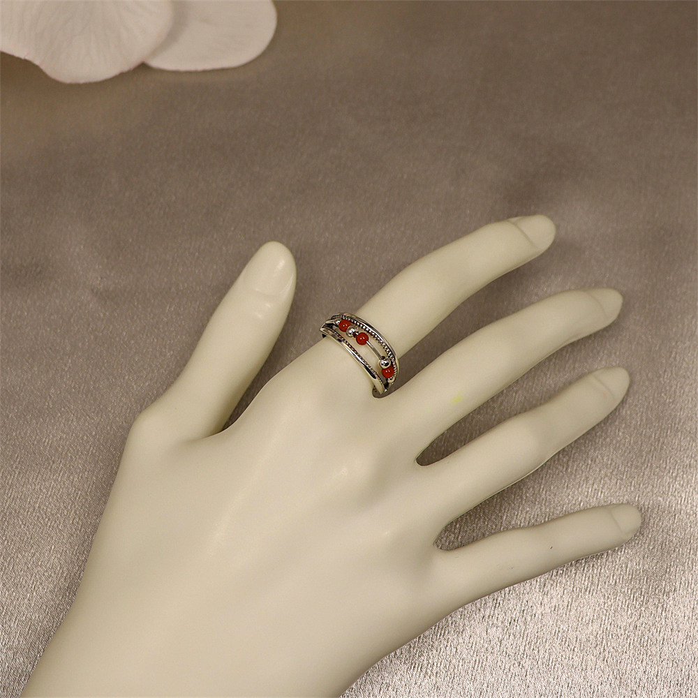 S925 Sterling Silver Minimalist Adjustable Ring with Red Agate Bead Accents