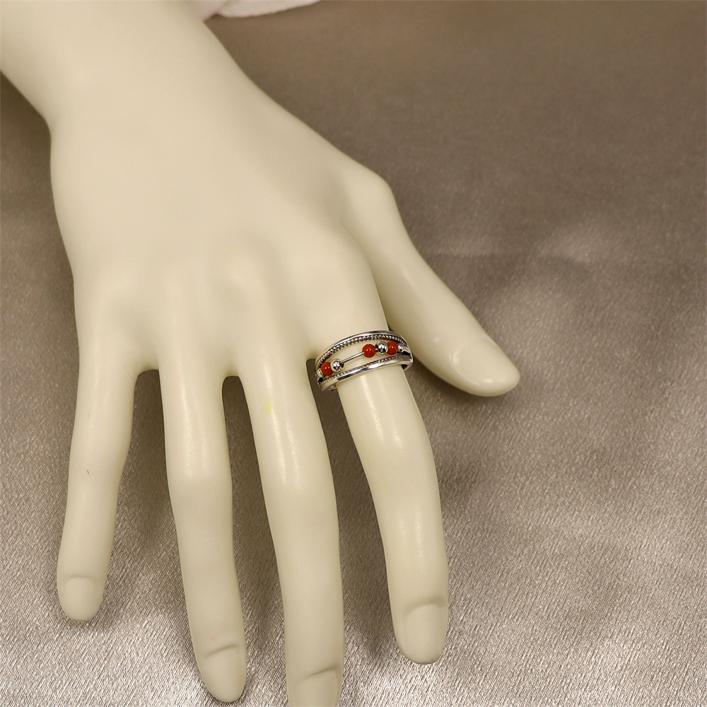 S925 Sterling Silver Minimalist Adjustable Ring with Red Agate Bead Accents