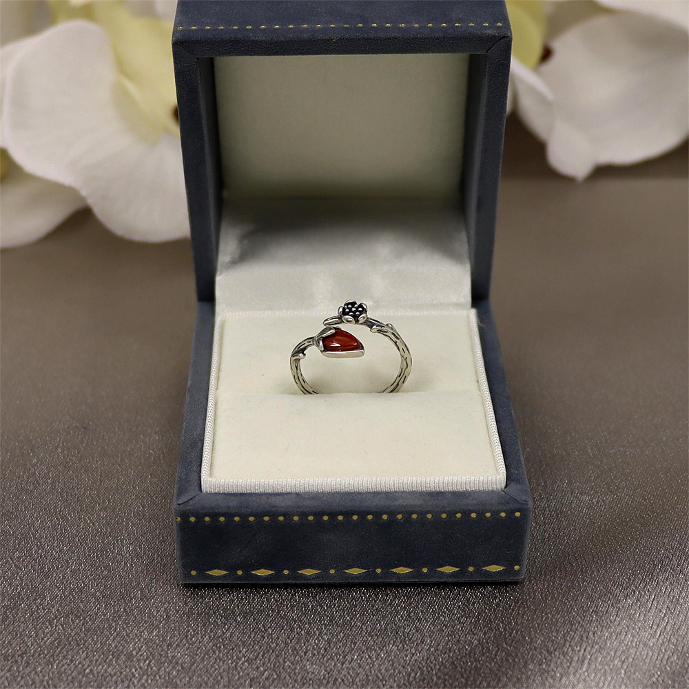 S925 Sterling Silver Vintage Floral Branch Adjustable Ring with Red Agate Inlay