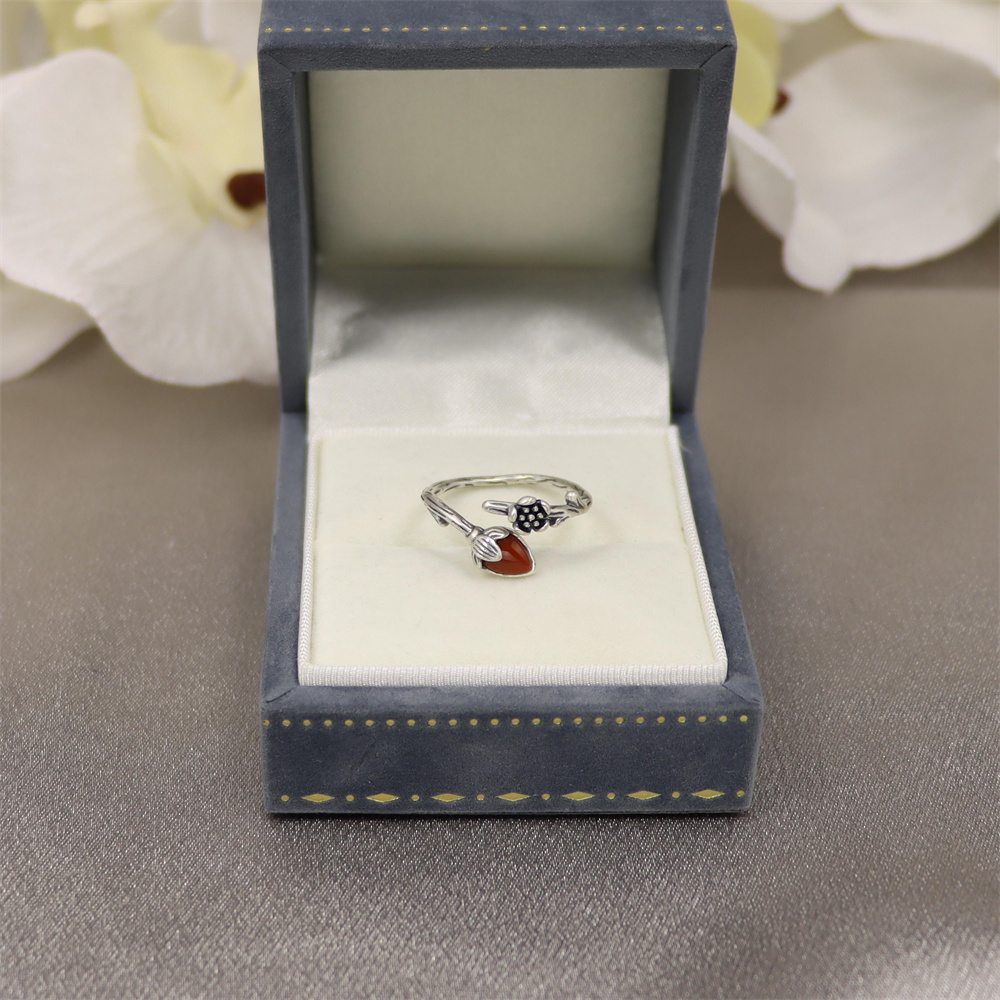 S925 Sterling Silver Vintage Floral Branch Adjustable Ring with Red Agate Inlay