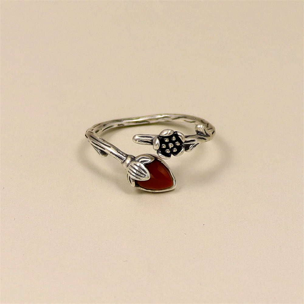 S925 Sterling Silver Vintage Floral Branch Adjustable Ring with Red Agate Inlay