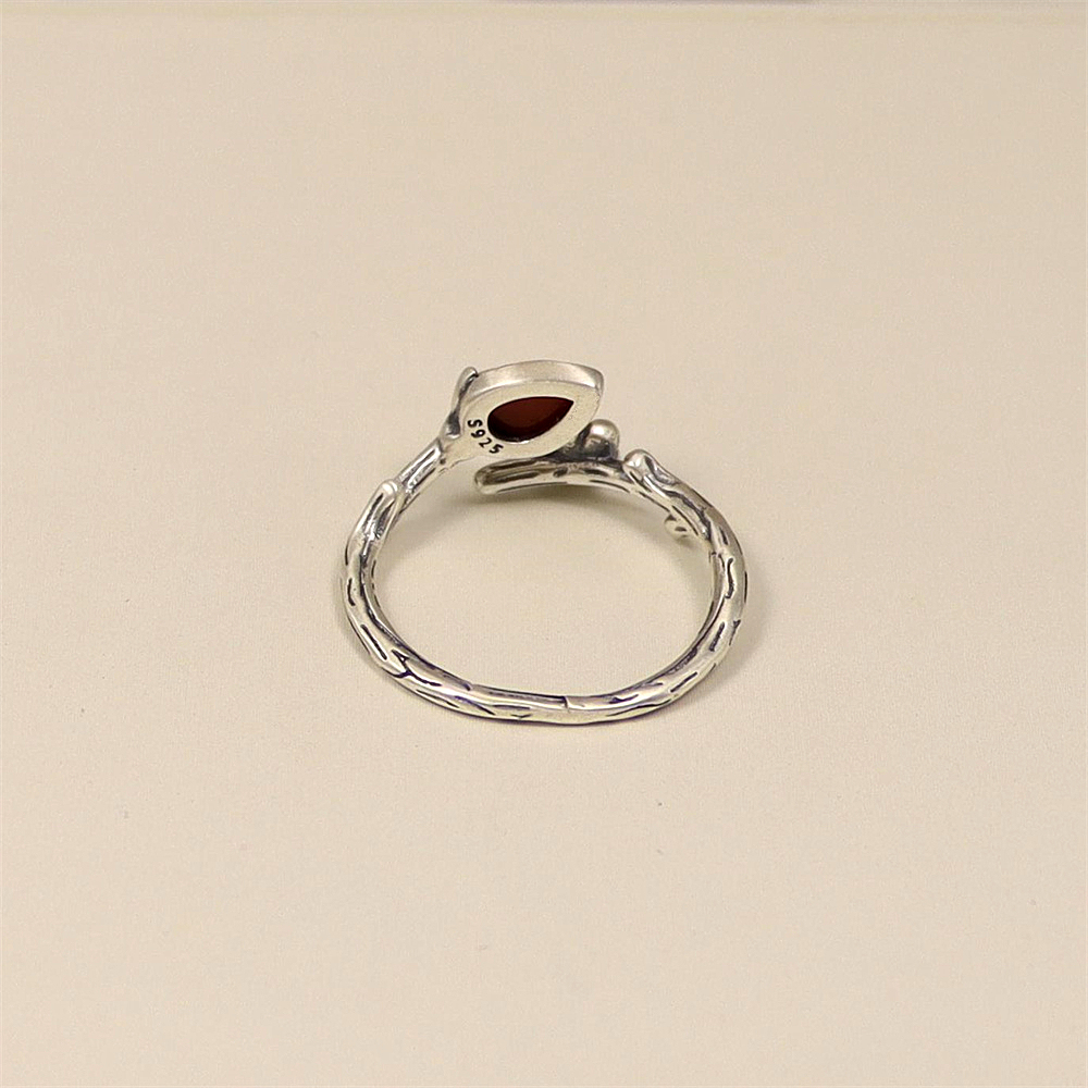 S925 Sterling Silver Vintage Floral Branch Adjustable Ring with Red Agate Inlay