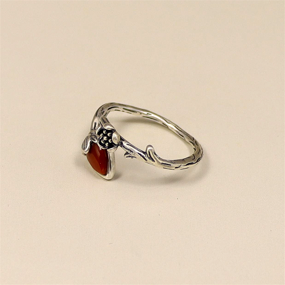 S925 Sterling Silver Vintage Floral Branch Adjustable Ring with Red Agate Inlay