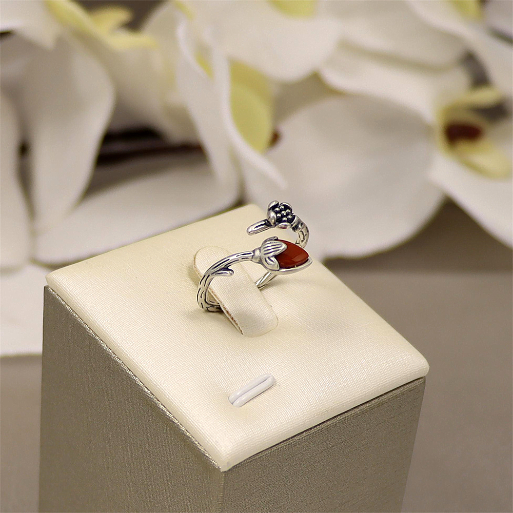 S925 Sterling Silver Vintage Floral Branch Adjustable Ring with Red Agate Inlay