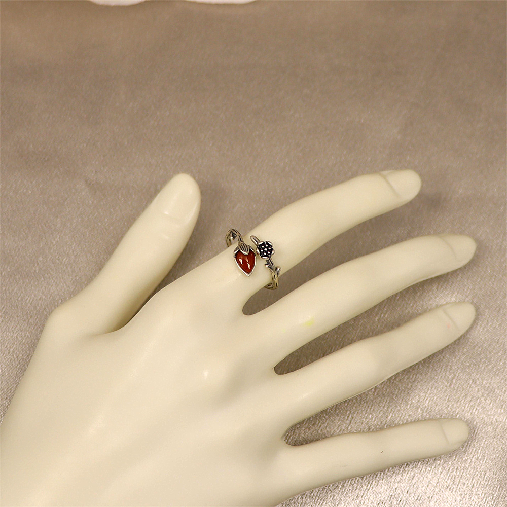 S925 Sterling Silver Vintage Floral Branch Adjustable Ring with Red Agate Inlay