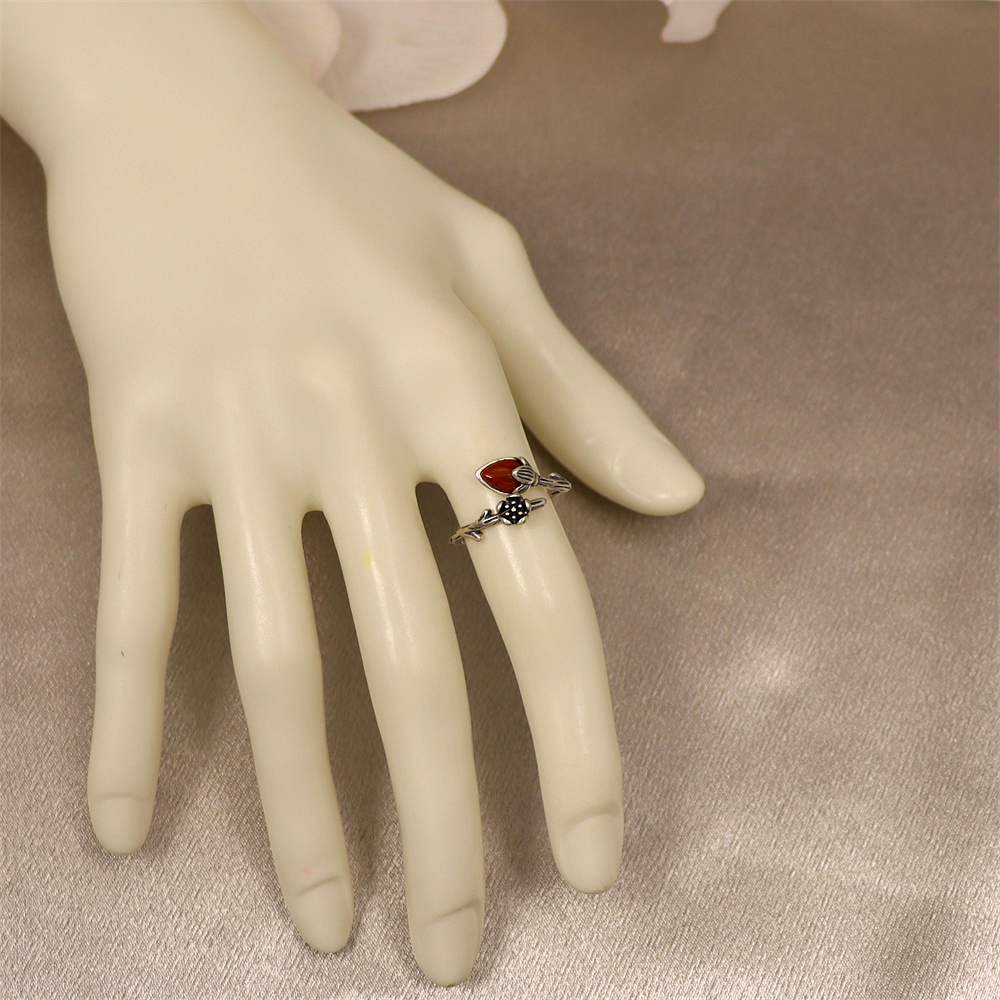 S925 Sterling Silver Vintage Floral Branch Adjustable Ring with Red Agate Inlay
