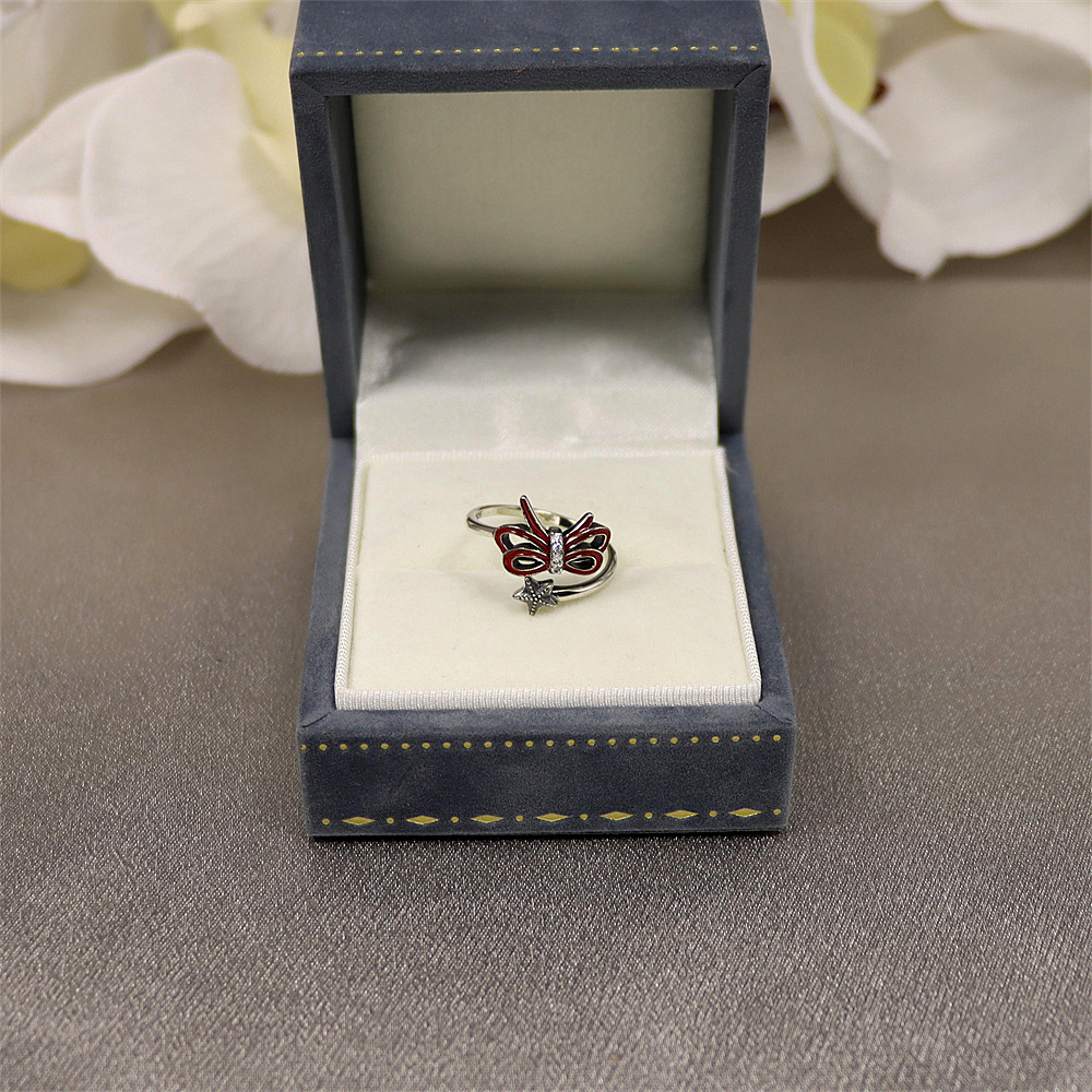 S925 Sterling Silver Christmas Series Resin Double-Layer Bow and Star Adjustable Ring