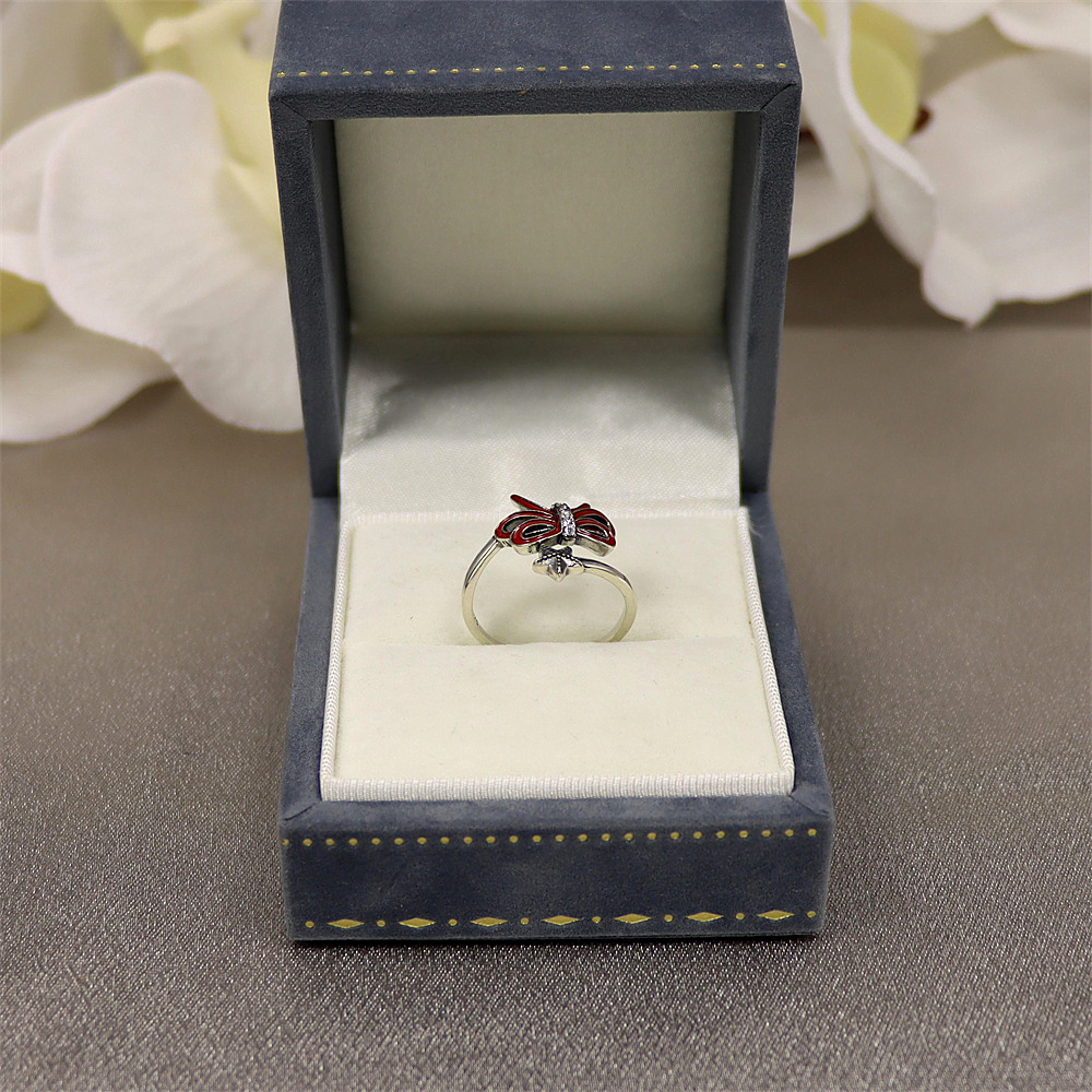 S925 Sterling Silver Christmas Series Resin Double-Layer Bow and Star Adjustable Ring