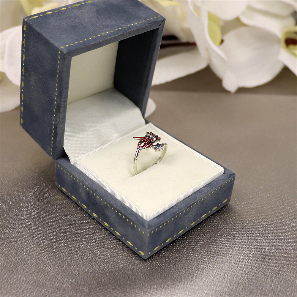 S925 Sterling Silver Christmas Series Resin Double-Layer Bow and Star Adjustable Ring