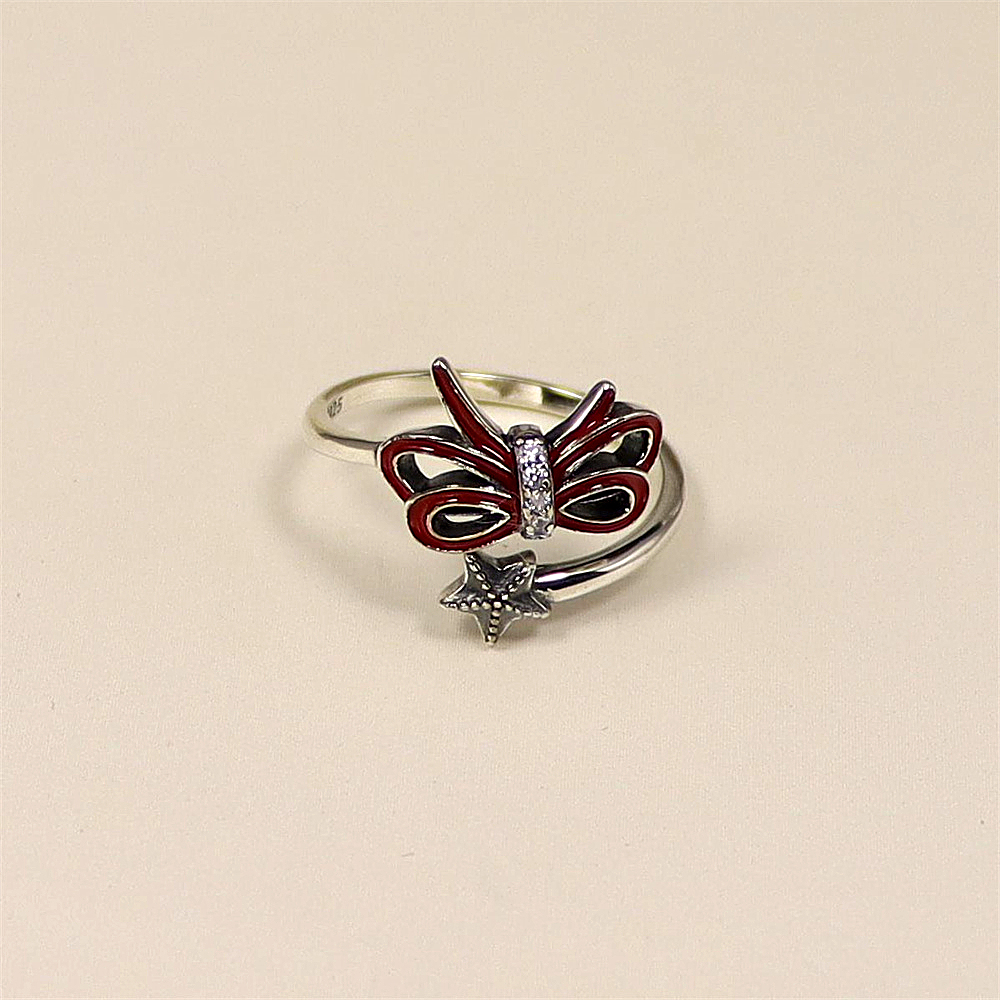 S925 Sterling Silver Christmas Series Resin Double-Layer Bow and Star Adjustable Ring
