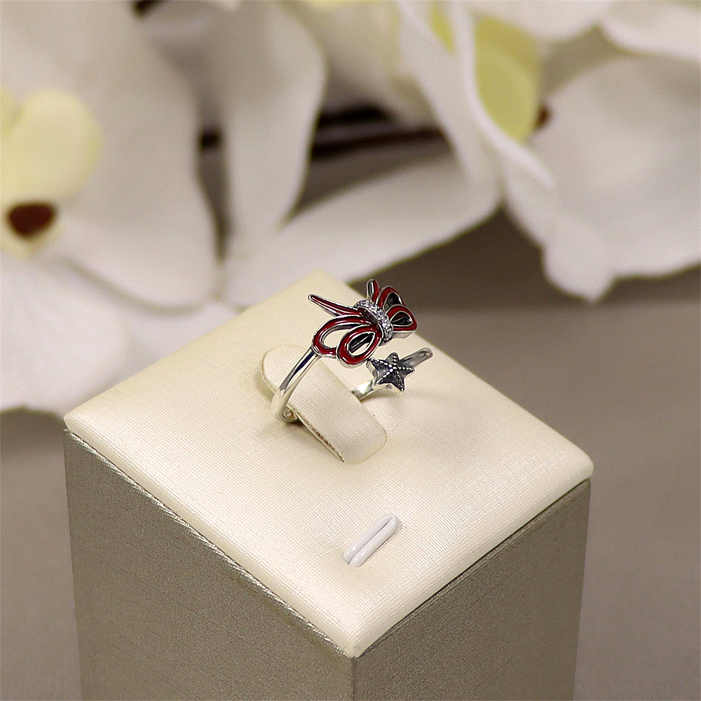 S925 Sterling Silver Christmas Series Resin Double-Layer Bow and Star Adjustable Ring