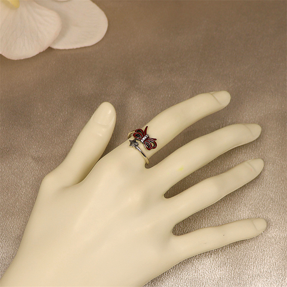 S925 Sterling Silver Christmas Series Resin Double-Layer Bow and Star Adjustable Ring
