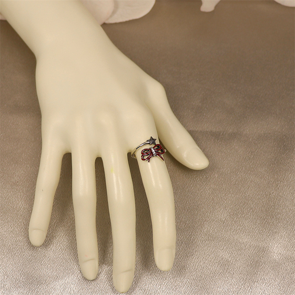 S925 Sterling Silver Christmas Series Resin Double-Layer Bow and Star Adjustable Ring