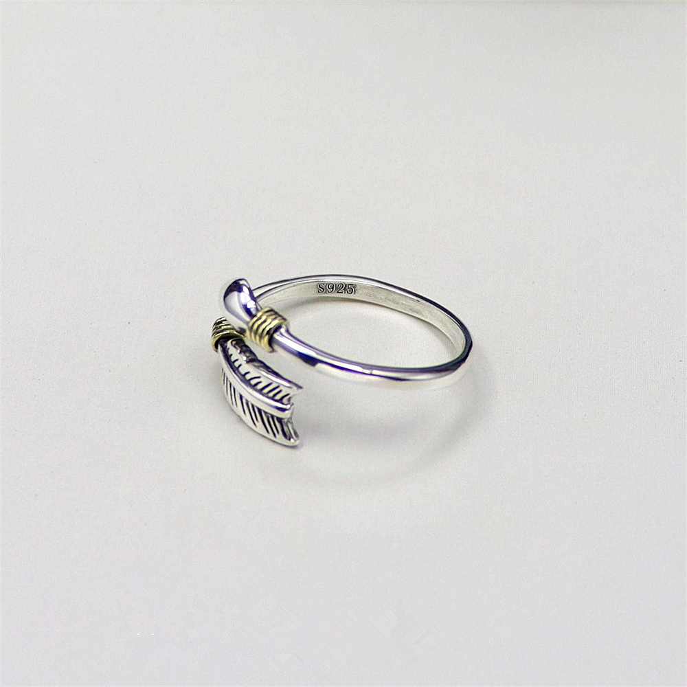 S925 Sterling Silver Vintage Feather Adjustable Ring
