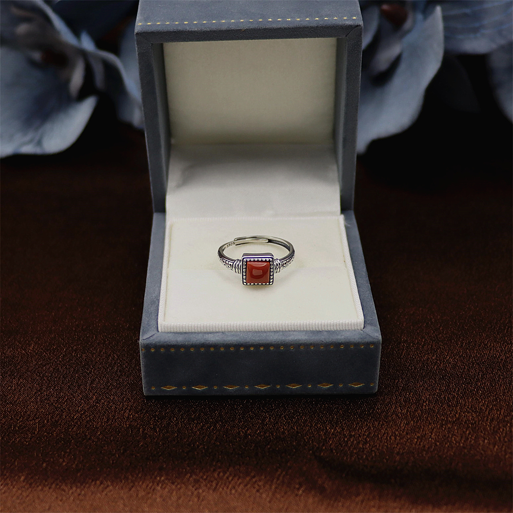 S925 Sterling Silver Vintage Square Red Agate Accent Totem Adjustable Ring