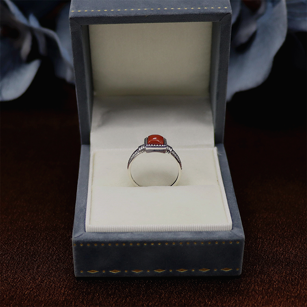 S925 Sterling Silver Vintage Square Red Agate Accent Totem Adjustable Ring