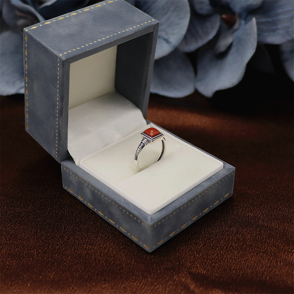 S925 Sterling Silver Vintage Square Red Agate Accent Totem Adjustable Ring