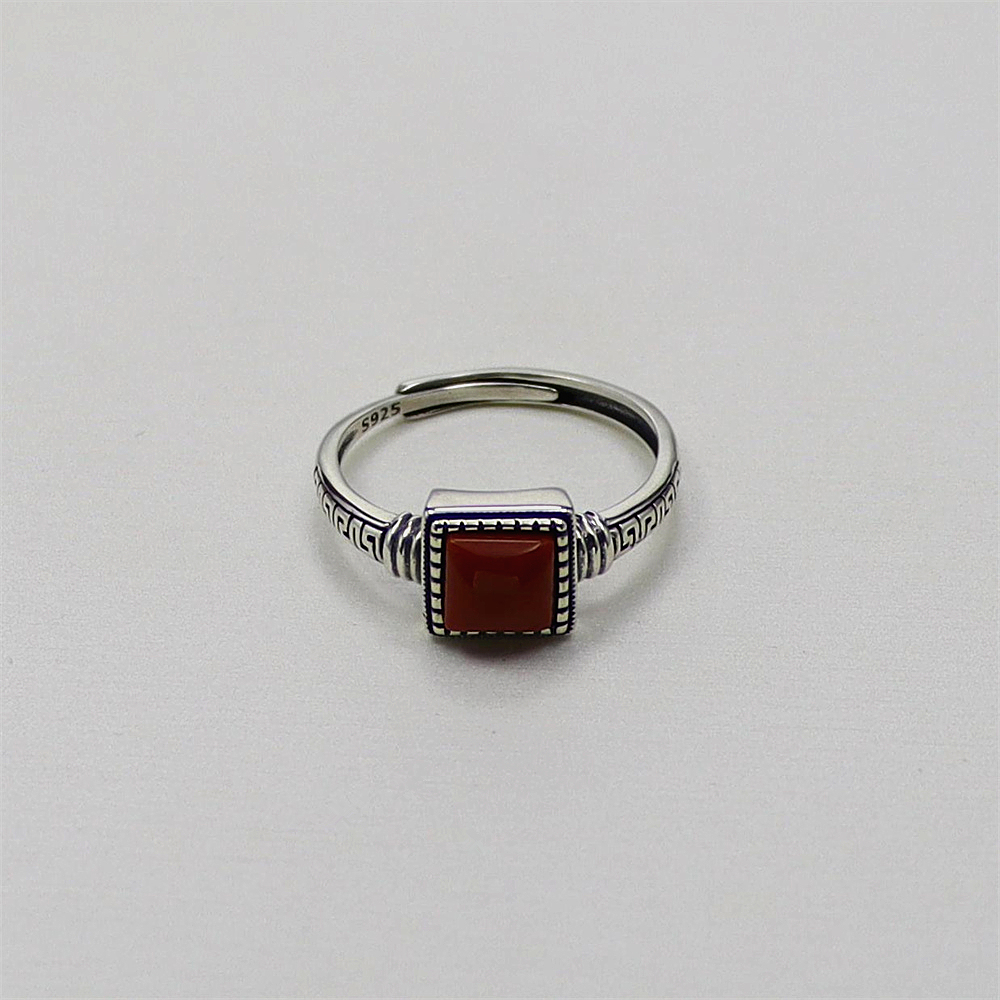S925 Sterling Silver Vintage Square Red Agate Accent Totem Adjustable Ring