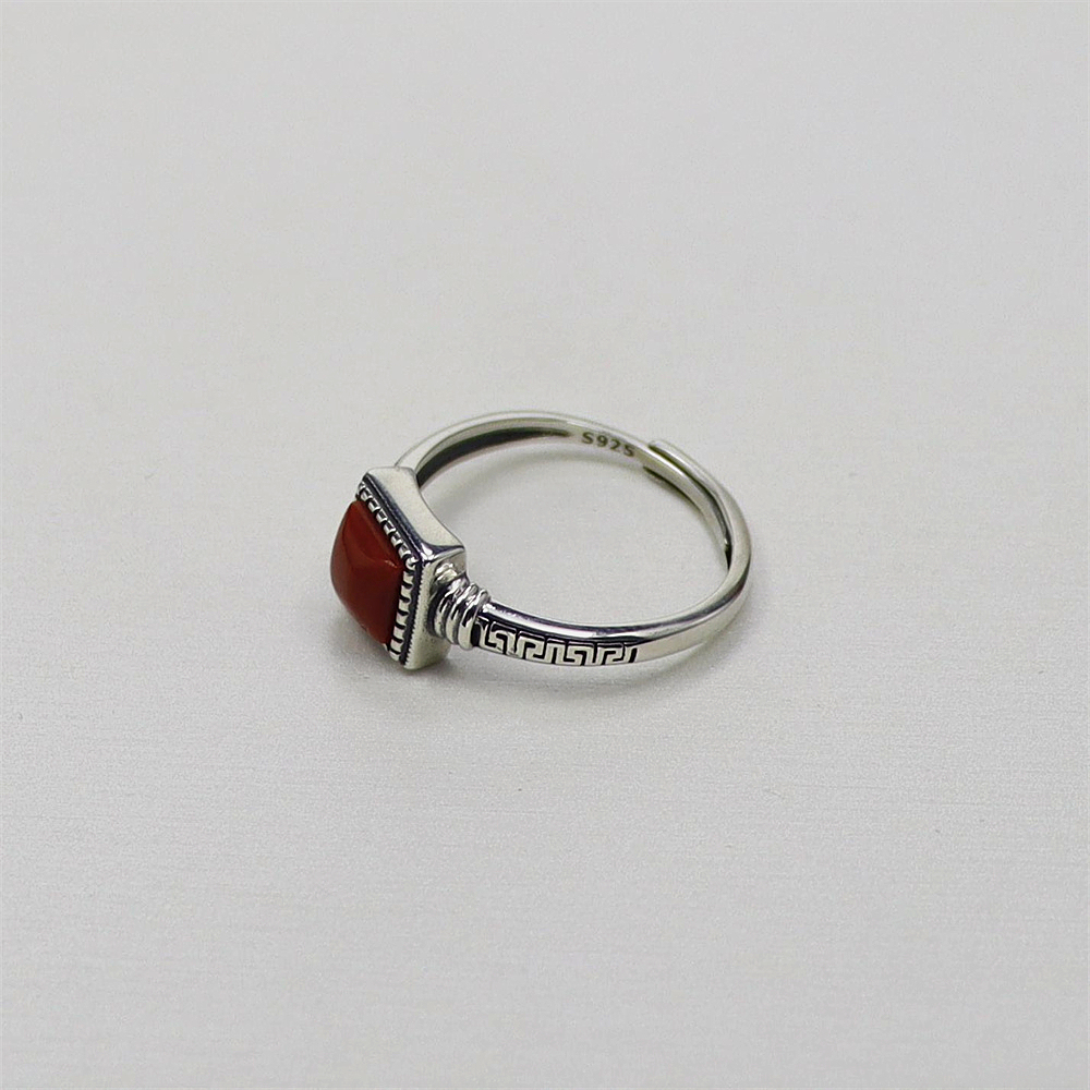 S925 Sterling Silver Vintage Square Red Agate Accent Totem Adjustable Ring