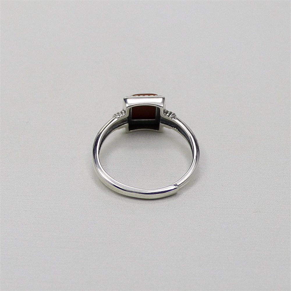 S925 Sterling Silver Vintage Square Red Agate Accent Totem Adjustable Ring