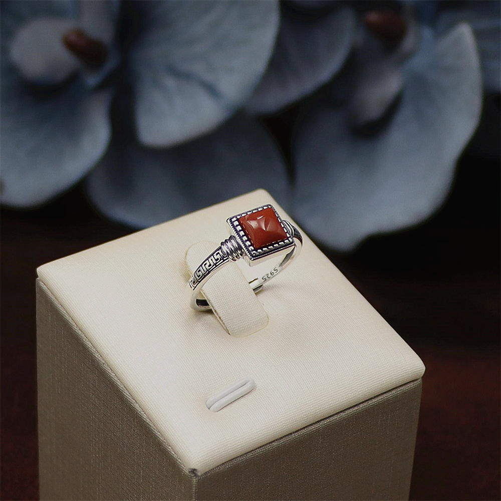 S925 Sterling Silver Vintage Square Red Agate Accent Totem Adjustable Ring
