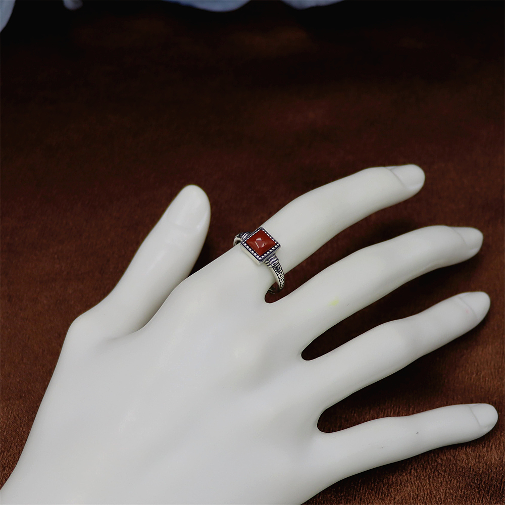 S925 Sterling Silver Vintage Square Red Agate Accent Totem Adjustable Ring