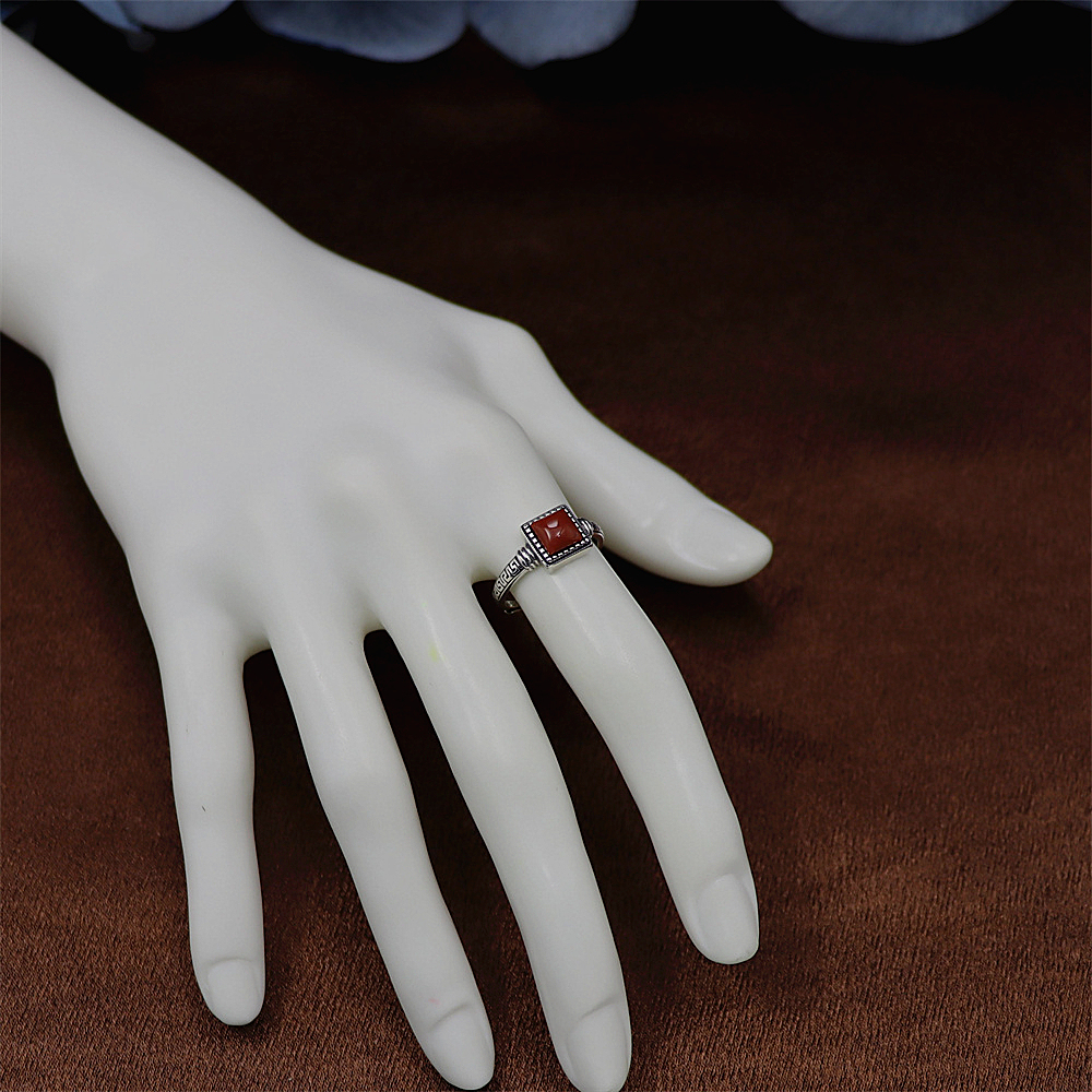 S925 Sterling Silver Vintage Square Red Agate Accent Totem Adjustable Ring