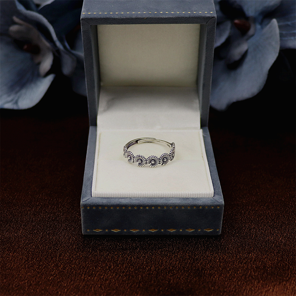 S925 Sterling Silver Vintage Daisy Flower Adjustable Ring