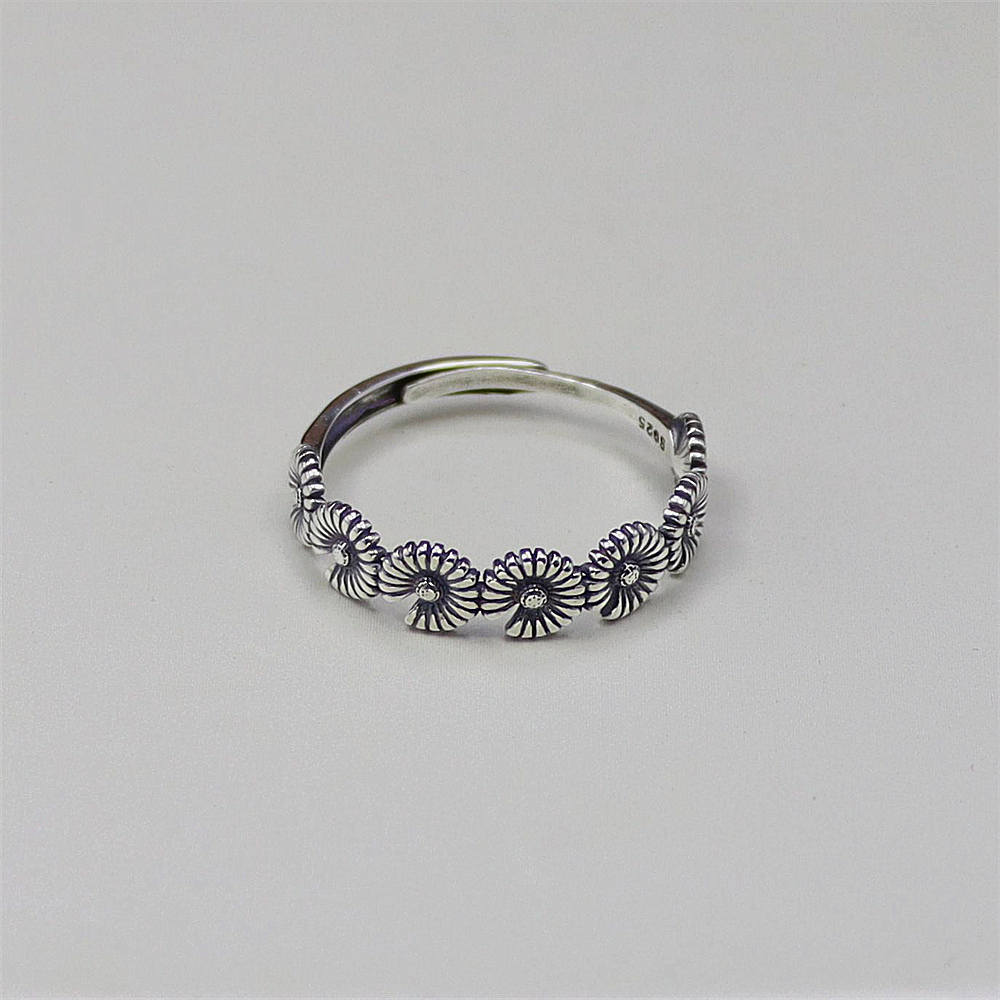 S925 Sterling Silver Vintage Daisy Flower Adjustable Ring