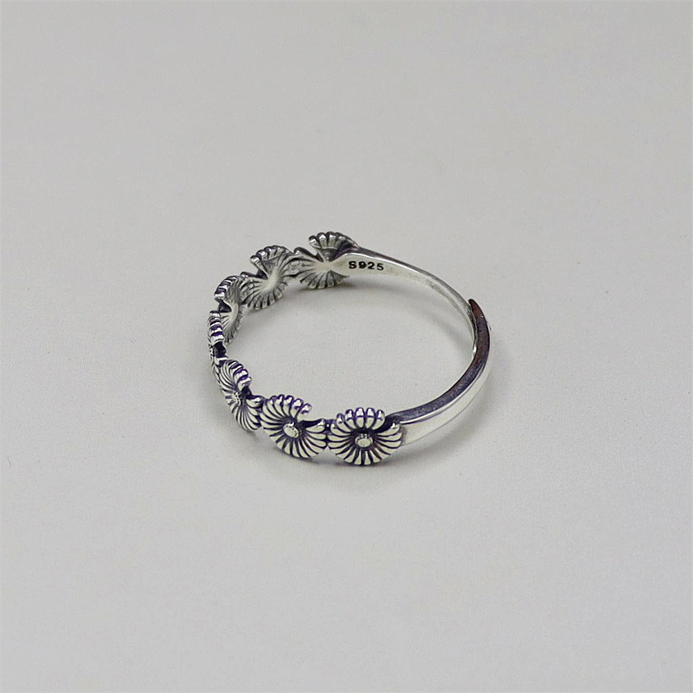 S925 Sterling Silver Vintage Daisy Flower Adjustable Ring