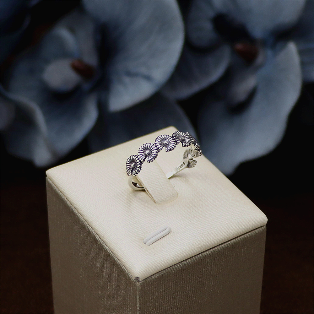 S925 Sterling Silver Vintage Daisy Flower Adjustable Ring